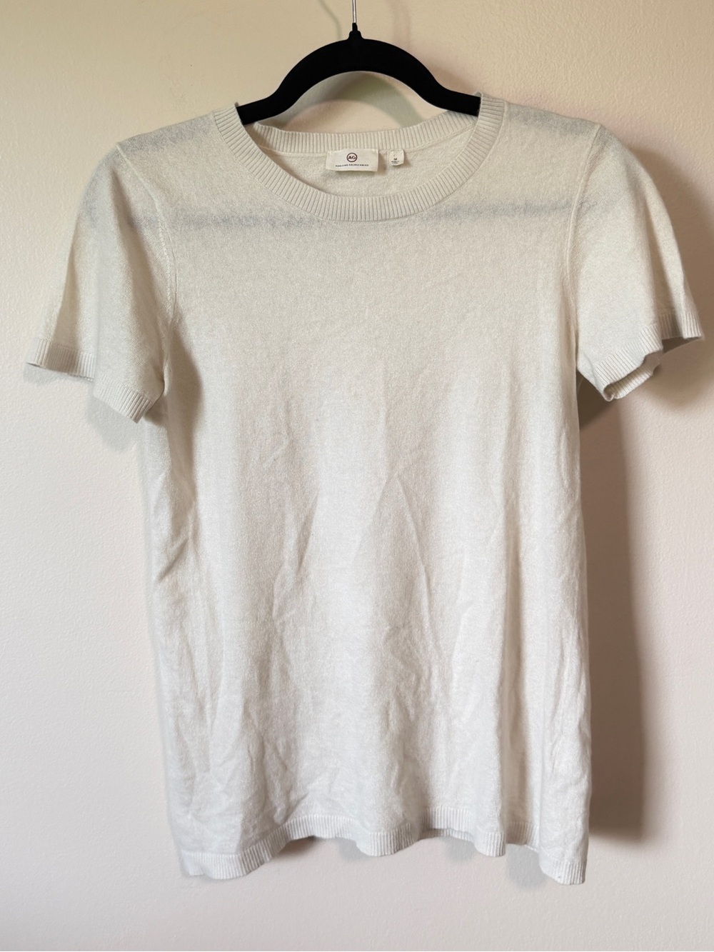 AG Adriano Goldschmied SILK CASHMERE cream short sleeve sweater knit shirt sz- M